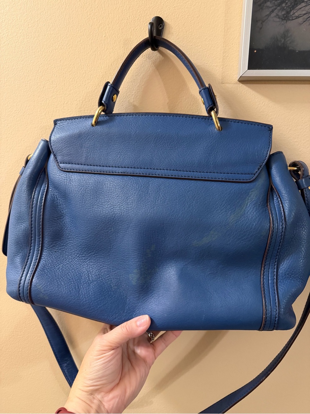 MCM Blue Leather Top-Handle Satchel Bag with Gold Hardware - Picture 2 of 15